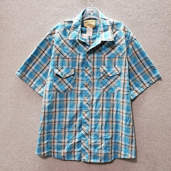 Wrangler Men Button Up Shirt 2XL Big Blue Plaid Western Fashion Pearl Snap - Picture 1 of 9